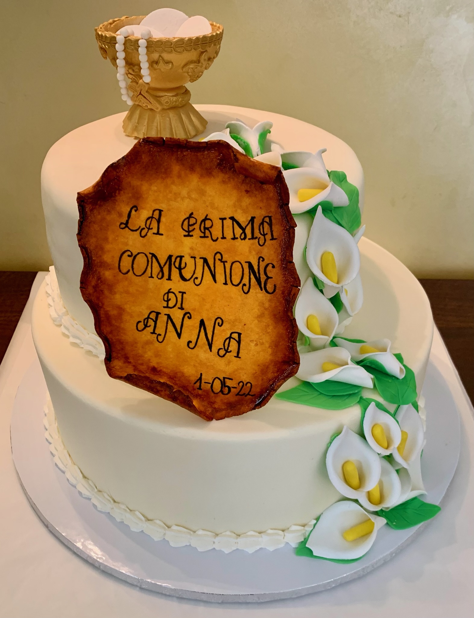 Torta 1 Piano Bianca Calice Oro Prima Comunione Anna