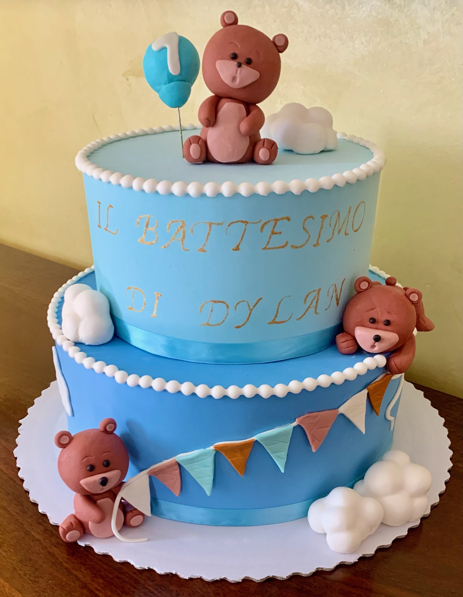 Torta 2 Piani Azzurra Orsetti Palloncini Battesimo Dylan
