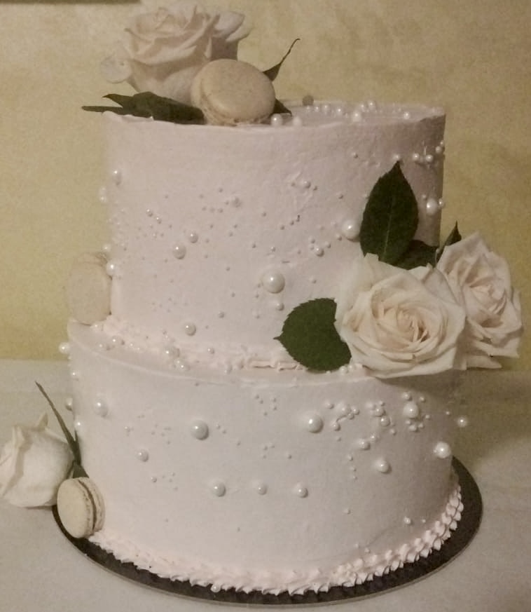 Torta 2 Piani Bianca Perle Rose Naturali Matrimonio