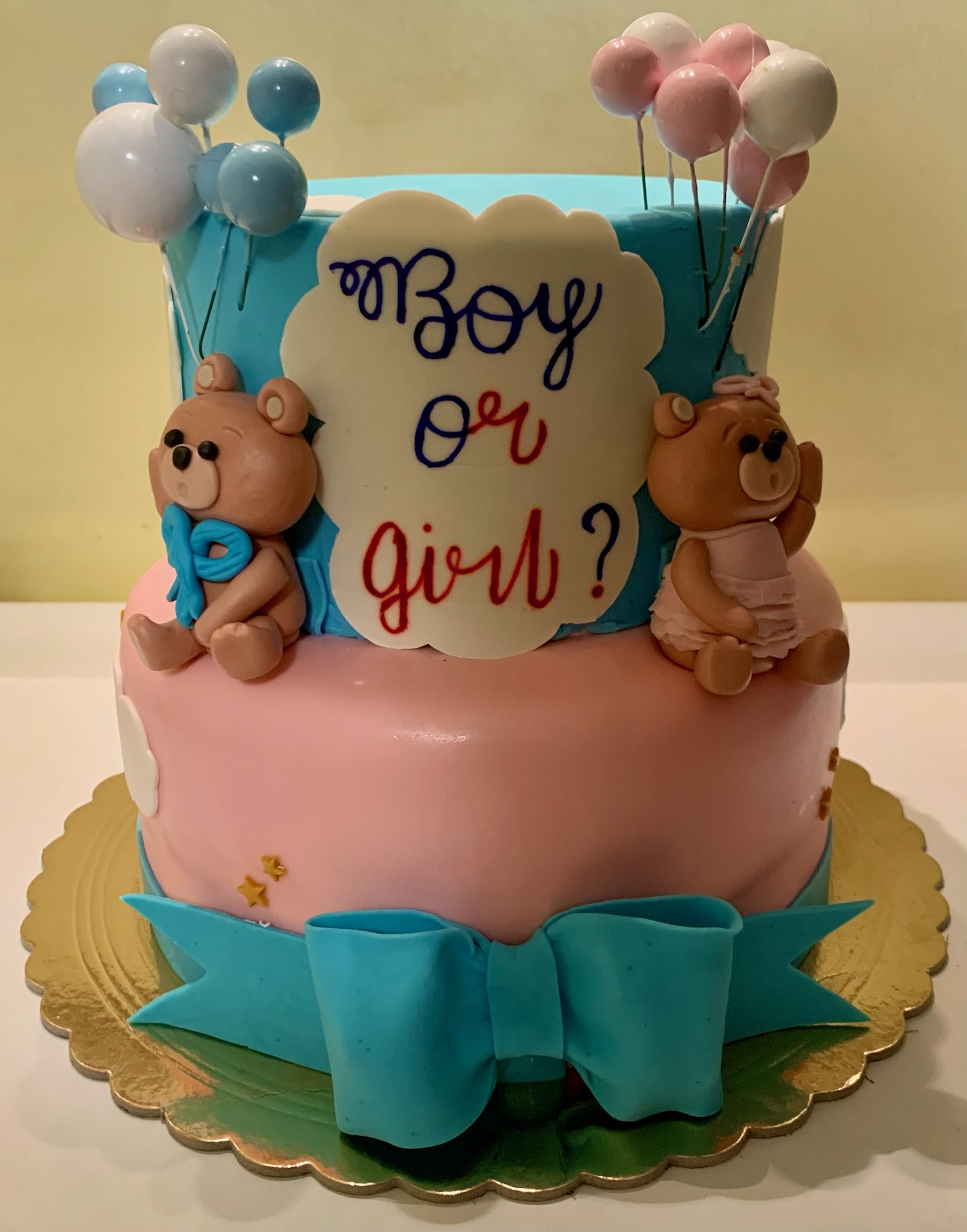 Torta 2 Piani Celeste Rosa Gender Reveal Orsetti Palloncini