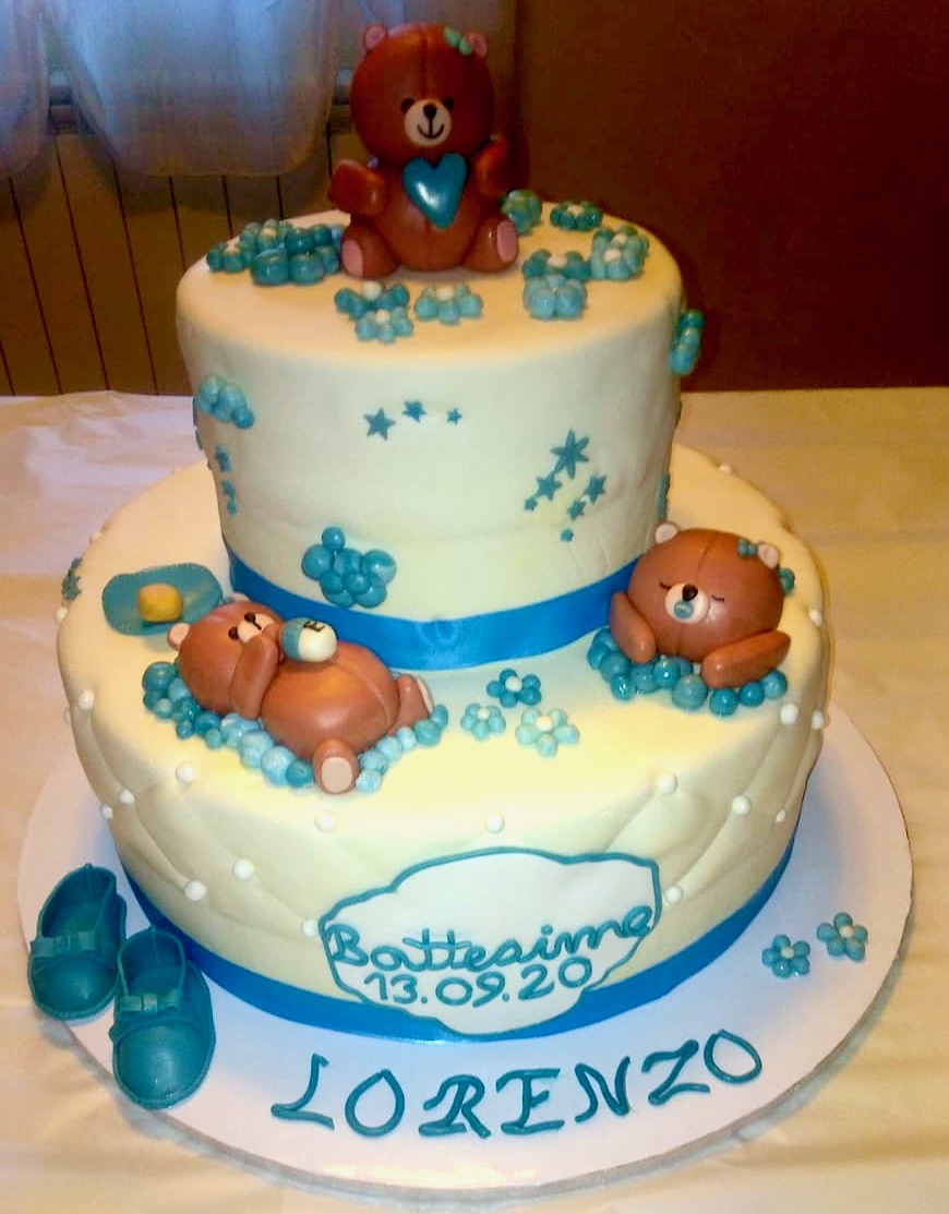 Torta 2 Piani Panna Azzurra Battesimo Orsetti Lorenzo