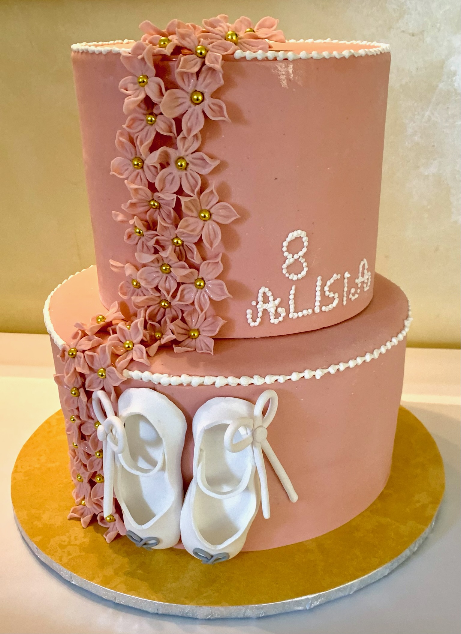 Torta 2 Piani Rosa Salmone Fiori Scarpette Danza Alisia 8anni