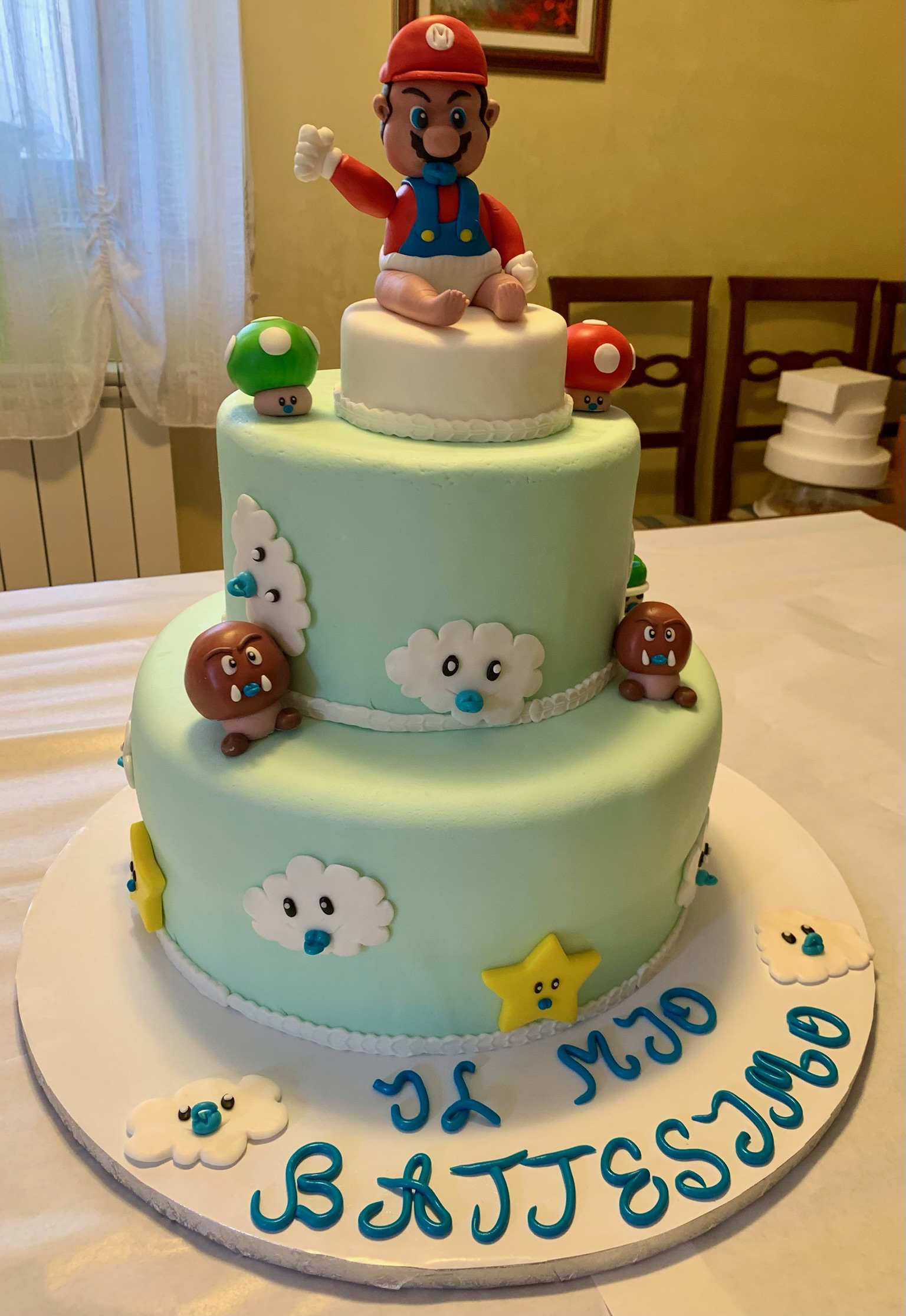 Torta 2 Piani Verde Acqua Super Mario Battesimo
