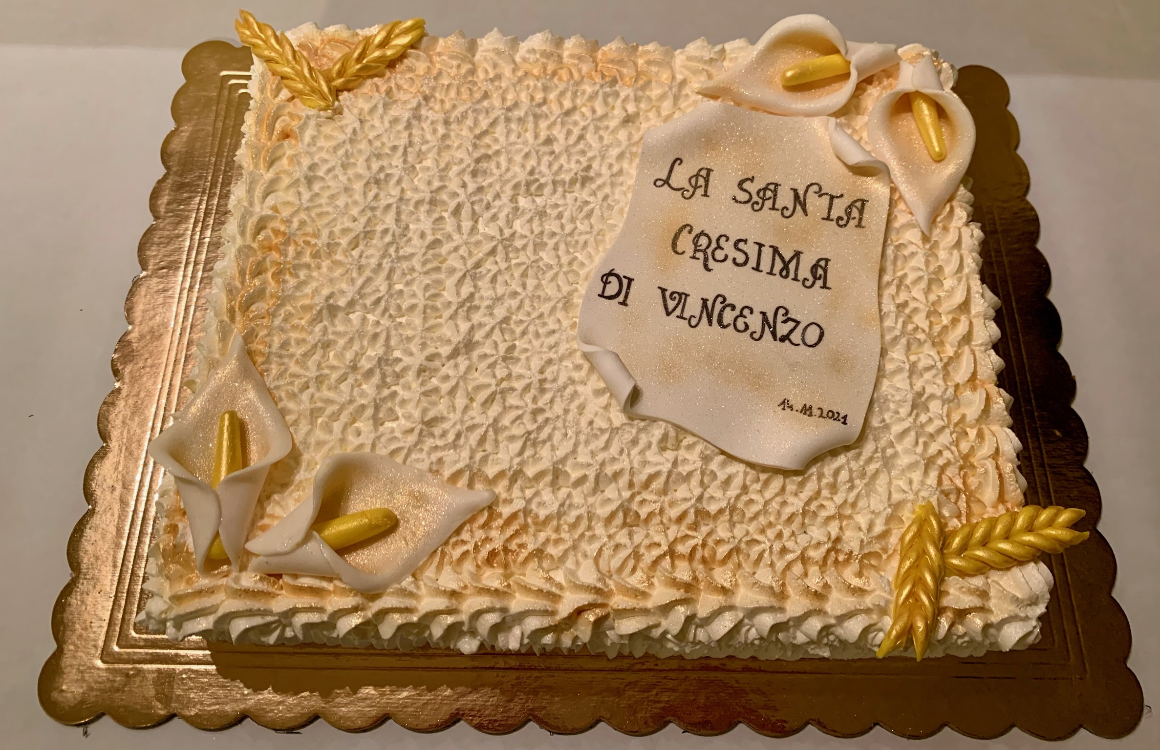 Torta Rettangolare Panna Oro Cresima Vincenzo
