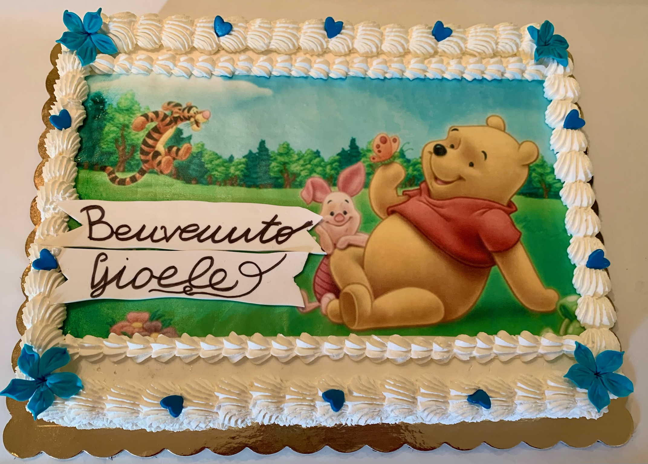 Torta Cialda Bianca Celeste Winnie Pooh Benvenuto Gioele