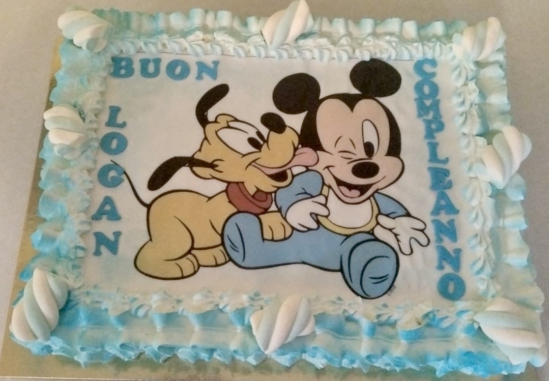 Torta Cialda Celeste Bianca Baby Mickey Pluto Logan