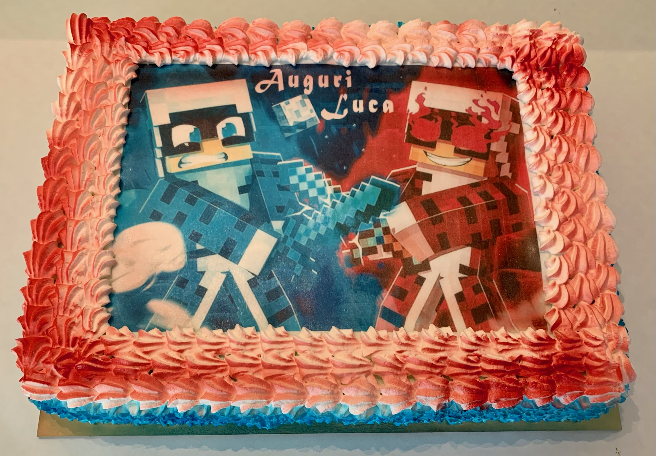 Torta Cialda Rosso Blu Minecraft Auguri Luca