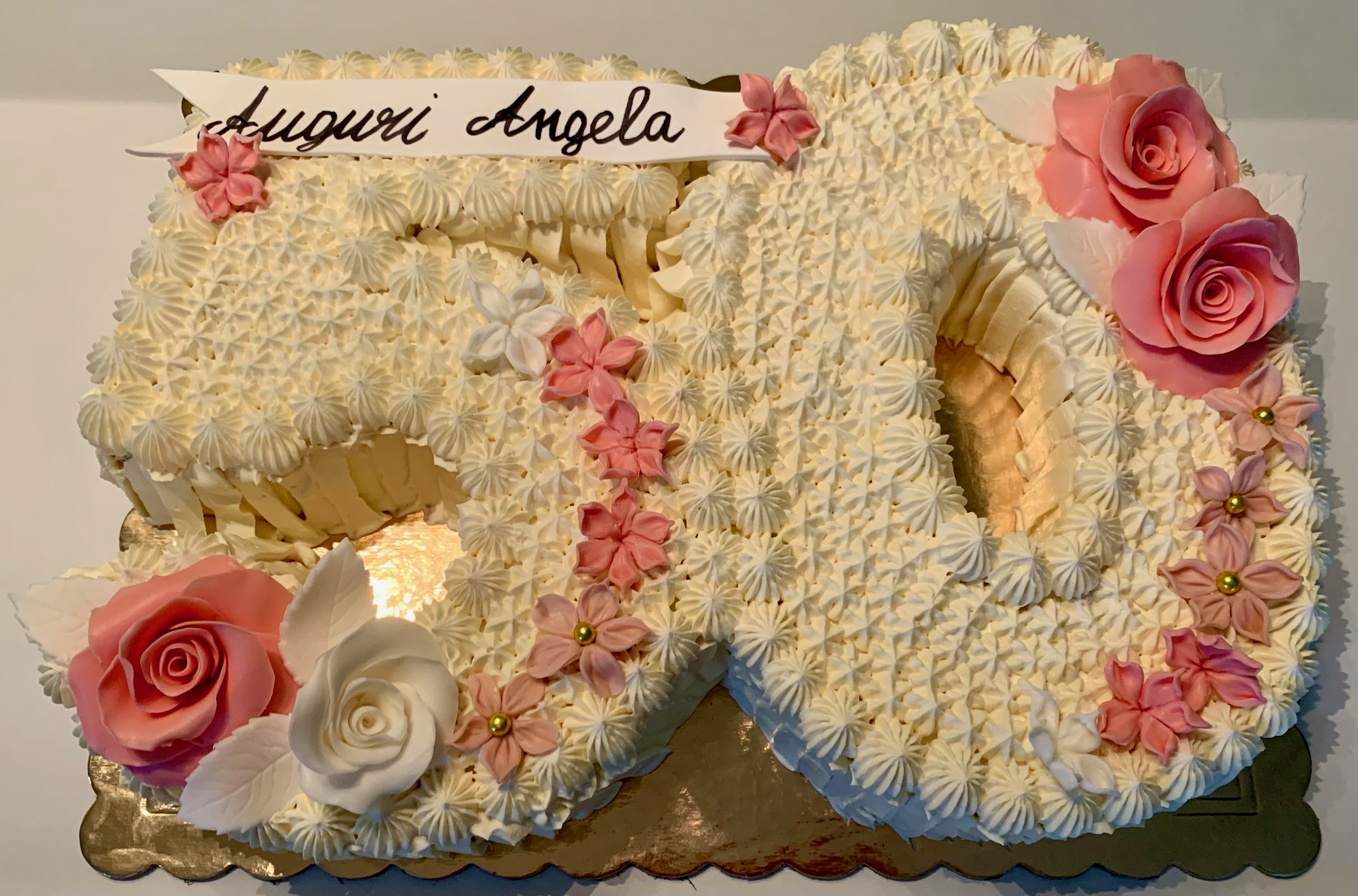 Torta Numero 50 Bianca Rosa Rose Fiori Auguri Angela