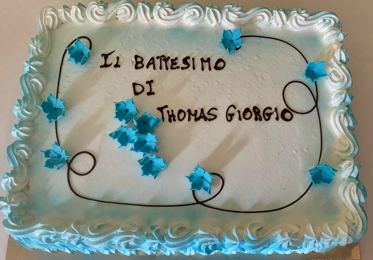 Torta Rettangolare Bianca Azzurra Fiori Battesimo Thomas Giorgio V2